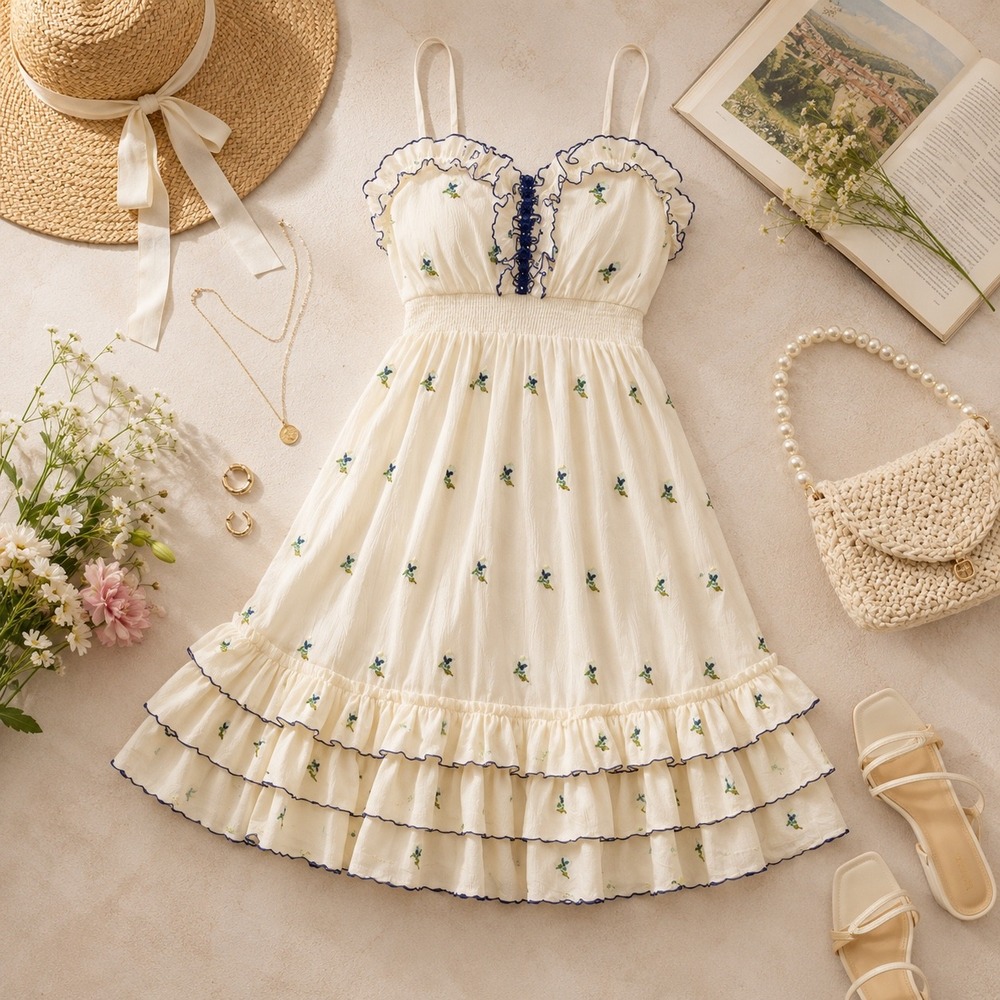 Anthropologie Floreat Cotton Embroidered Ruffle Dress Ivory Blue Floral Size 12 - Picture 2 of 15